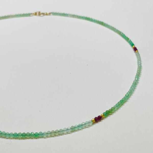 delicate shaded chrysoprase necklace with ruby and gold nuggets