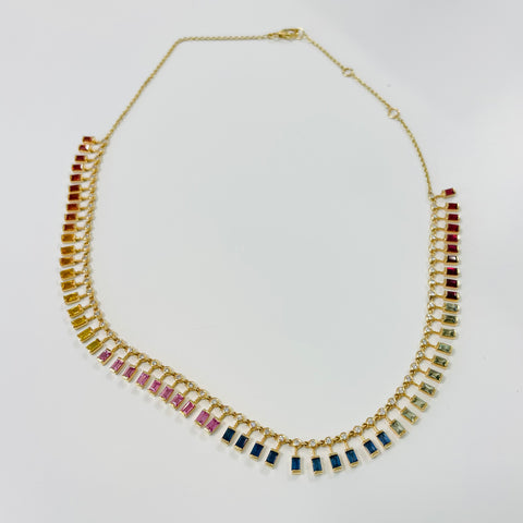 multicolored sapphire baguette fringe necklace
