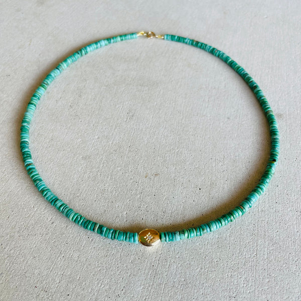 turquoise necklace with diamond and gold bead
