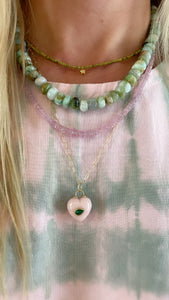 puffy pink opal heart pendant with emerald