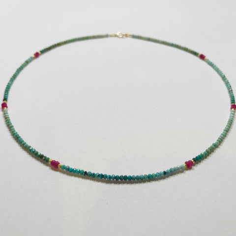 delicate shaded turquoise necklace with ruby and gold nuggets