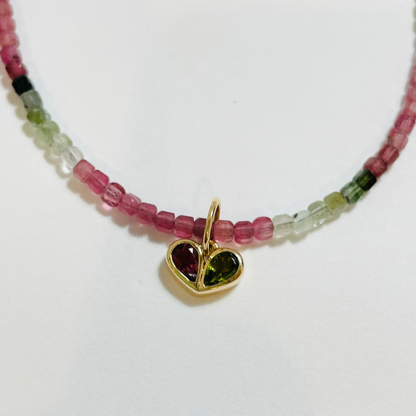 delicate blocked shaded watermelon tourmaline necklace with tourmaline charm