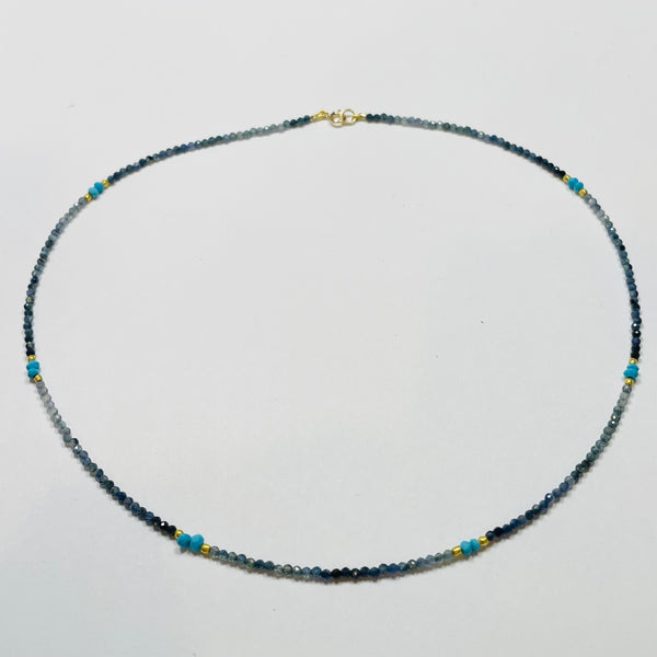 delicate blue sapphire necklace with turquoise and gold nuggets