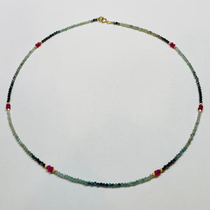 delicate shaded teal tourmaline necklace with ruby and gold nuggets