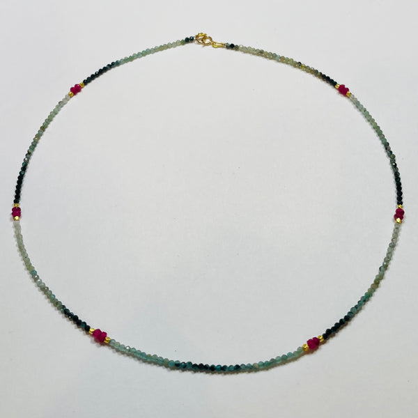 delicate shaded teal tourmaline necklace with ruby and gold nuggets