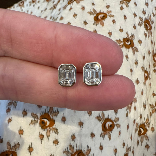 illusion emerald cut diamond studs
