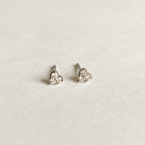 diamond heart studs, silver