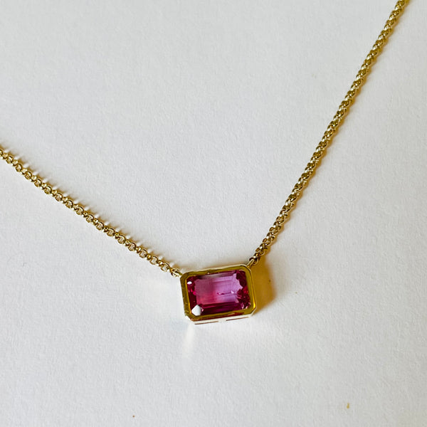 bezel set pink sapphire on 14 k gold chain
