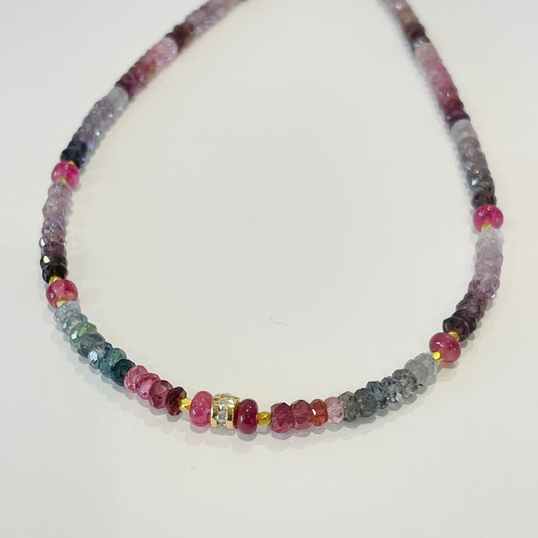 spinel and sapphire necklace with decorative diamond and gold beads