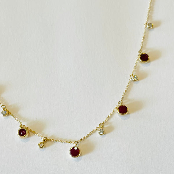 alternating ruby and diamond bezel set fringe necklace