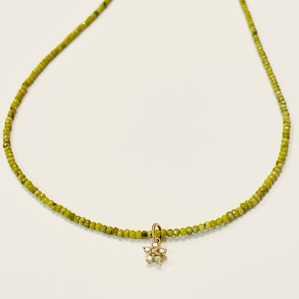 delicate green turquoise necklace with diamond flower charm