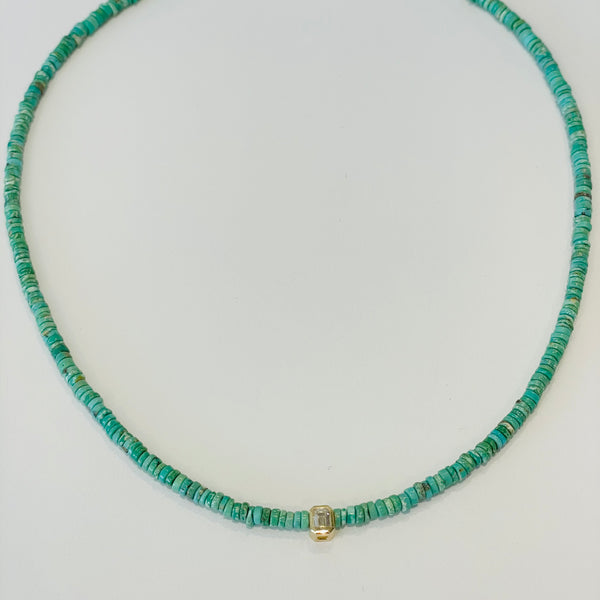 turquoise necklace with emerald cut bezel set diamond